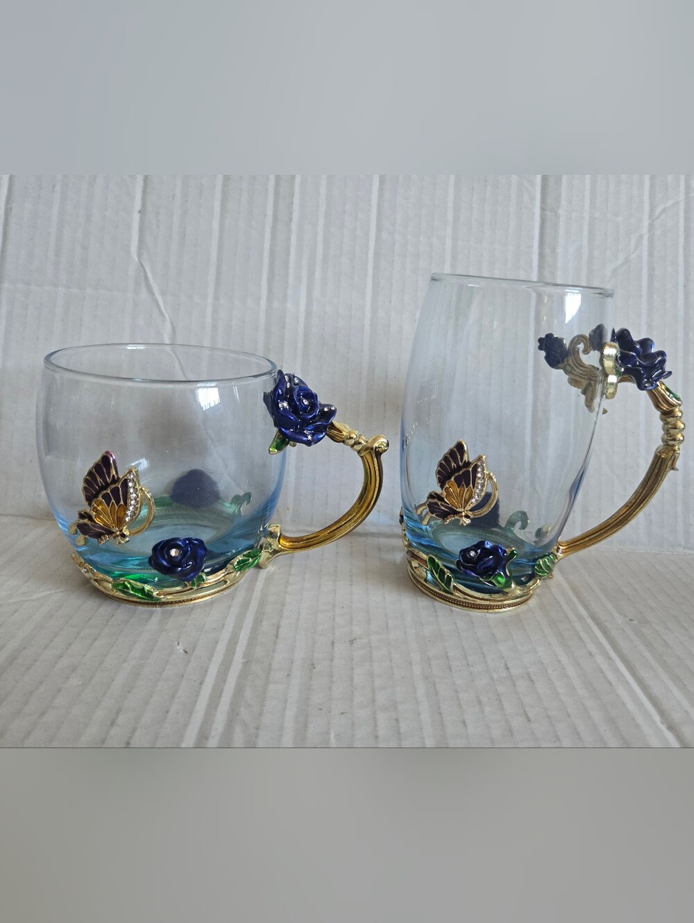 ARC Glass Mugs Cup Enamel Butterfly Blue Rose Tea Handmade Gold Marked 320/350ml